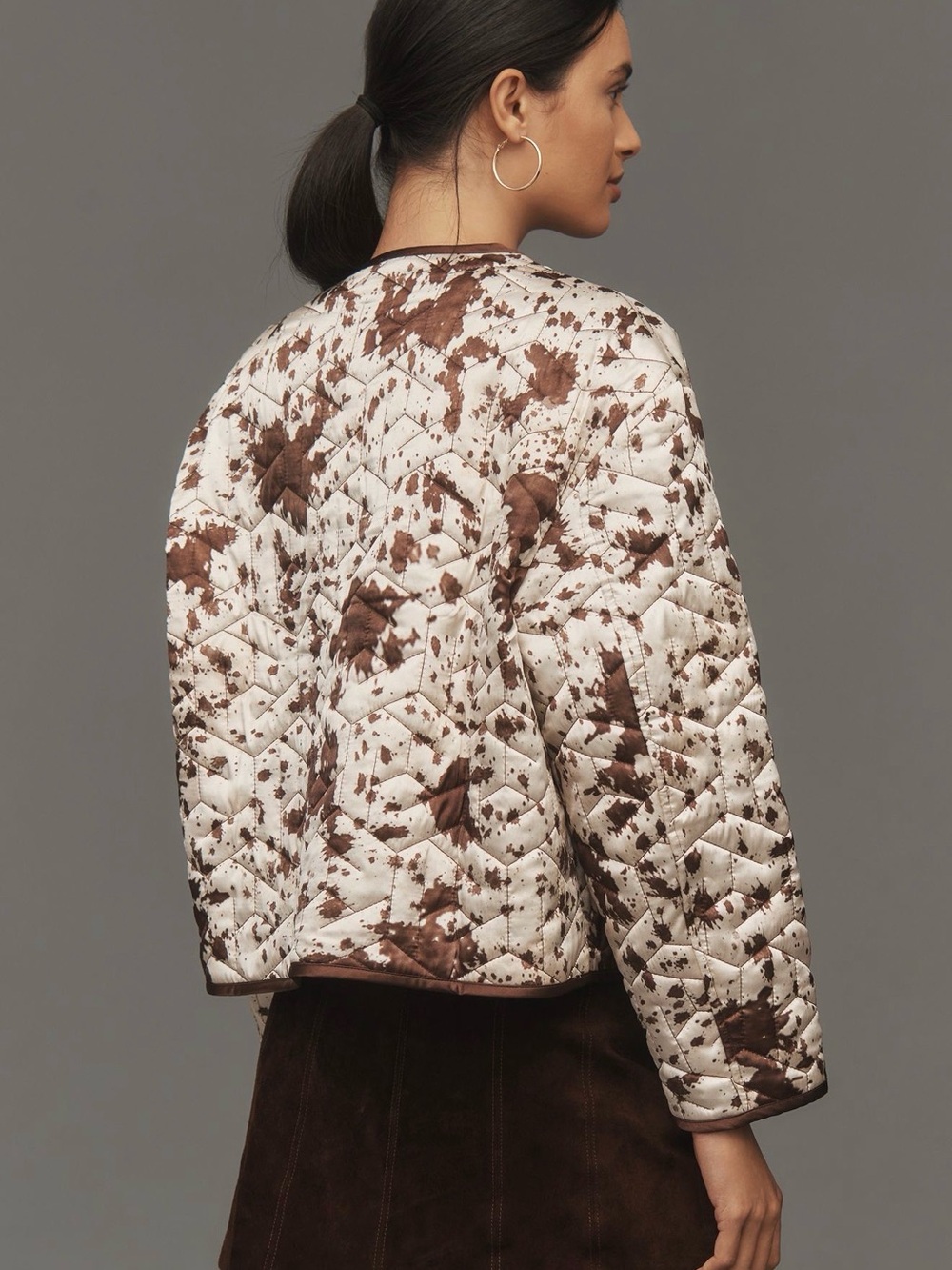 New! Maeve Anthropologie Open Front Cow Print Cream and Brown Quilted Jacket OS - Picture 2 of 14